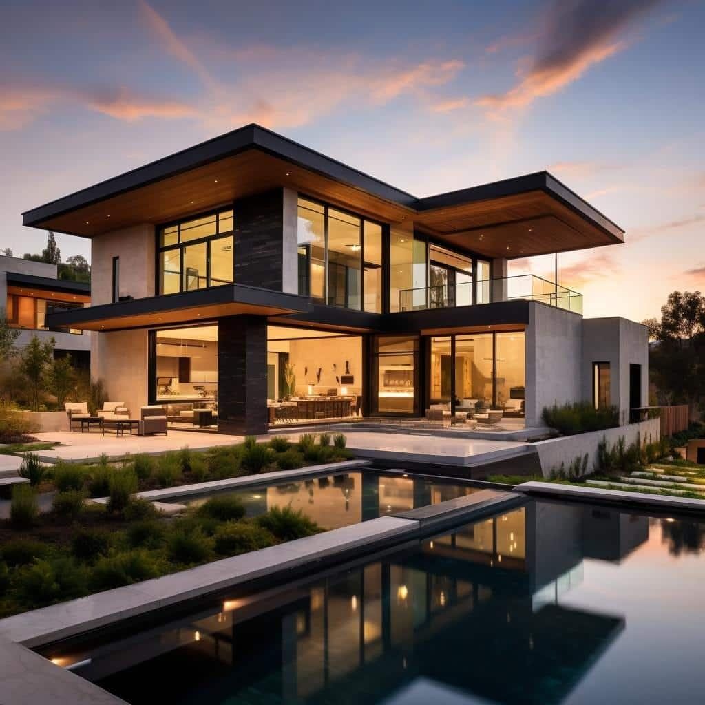 Modern luxury home at sunset.
