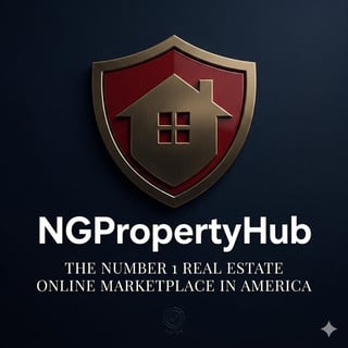NGPropertyHub logo featuring a shield with red background and gold house icon, labeled as the number 1 real estate online marketplace in America